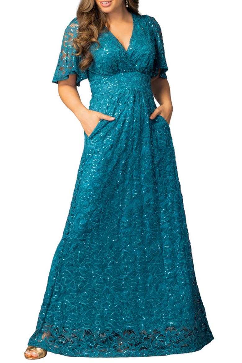 Luminous Sequin Lace Evening Gown, Main, color, Teal Topaz