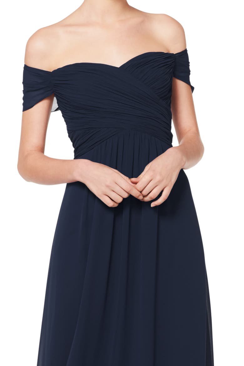 Off the Shoulder Chiffon A-Line Gown, Alternate, color, NAVY