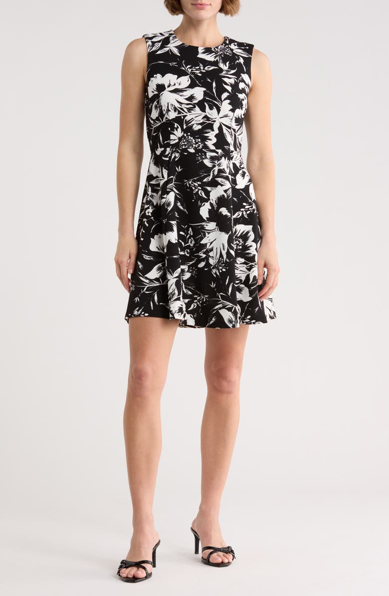 Eliza J Floral Print A-Line Dress, Main, color, Black Ivory