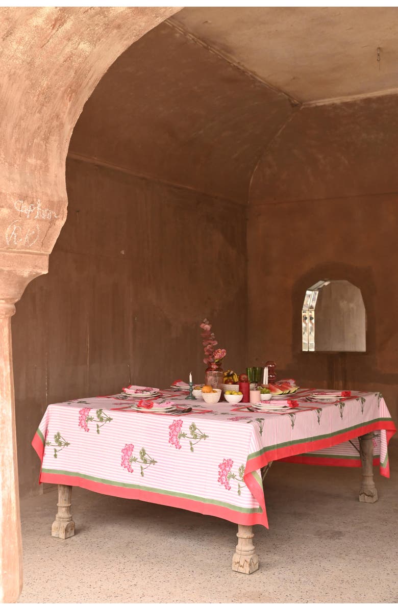 Inner Child Pink Hydrangea Blockprint Tablecloth, Alternate, color, Pink Hydrangea - 60X90