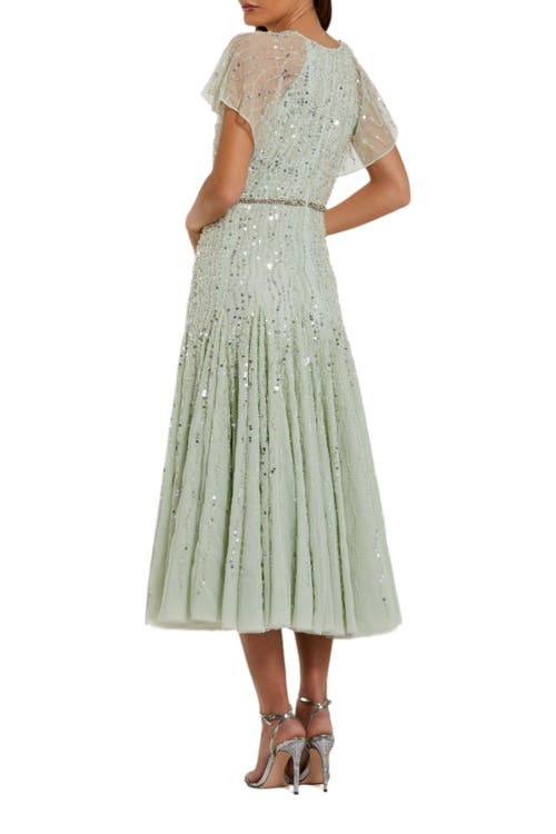 MAC DUGGAL MAC DUGGAL BEADED MESH FLUTTER SLEEVE A LINE MIDI DRESS