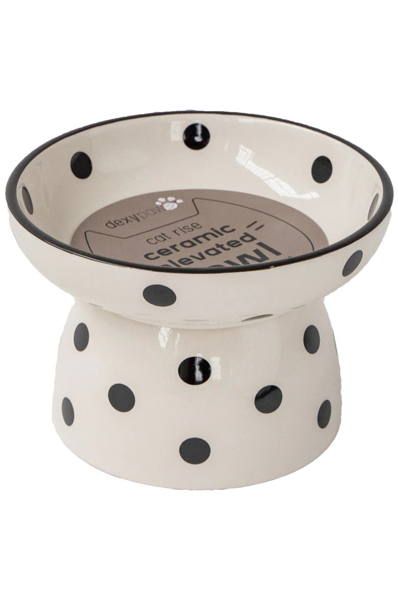 Elevated Ceramic Cat Bowl, White & Black Polka Dots, 8.7oz, Main, color, Multicolored