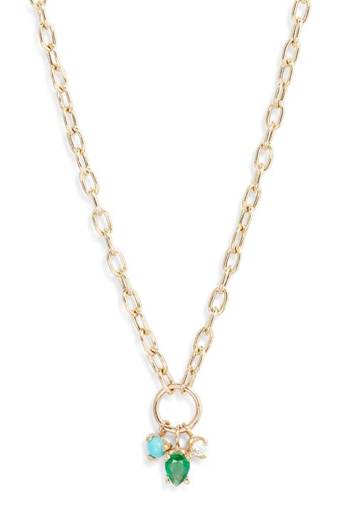 14K Gold Mixed Stone & Diamond Charms Oval Chain Necklace