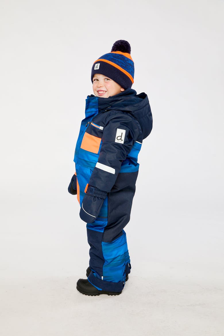 Play Striped Detachable Hood Fleece Neckwarmer One Piece Snowsuit, Alternate, color, Blue with Black Stripes