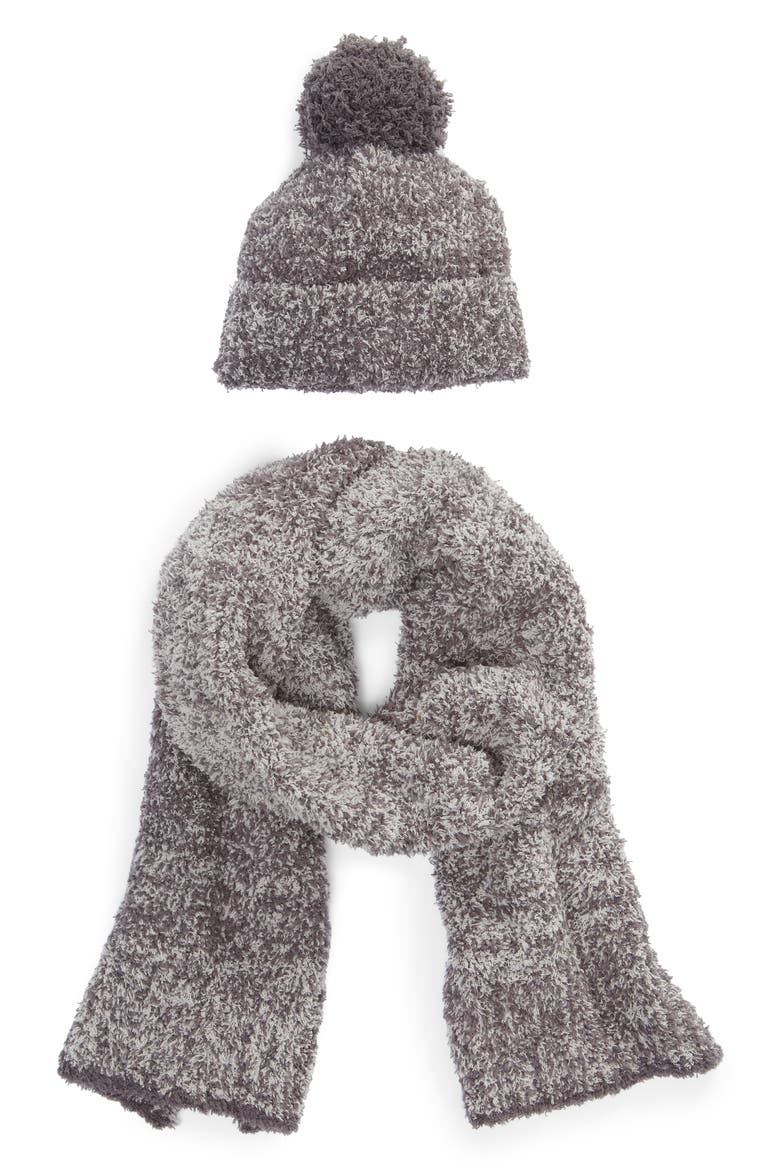 Barefoot Dreams Pompom Beanie & Scarf Set, Main, color, HE ASH-DOVE GRAY