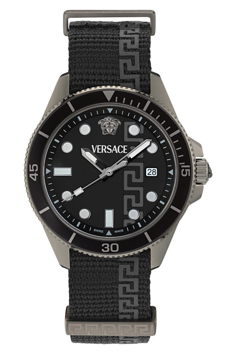 Greca Force Fabric Strap Watch, 42mm, Main, color, GUNMETAL