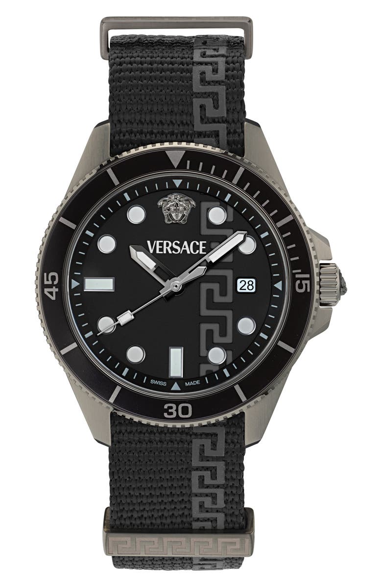 Versace Greca Force Fabric Strap Watch, 42mm, Main, color, Gunmetal