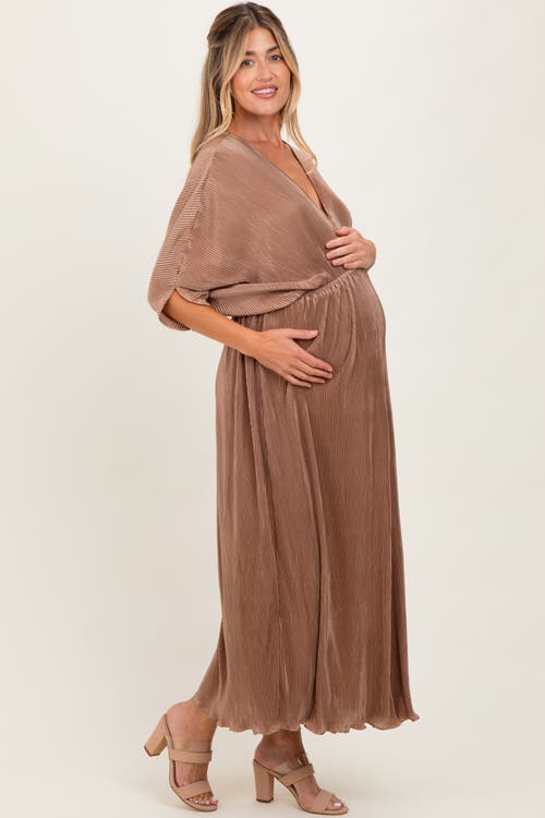 Pinkblush Pleated Satin Dolman Sleeve Maxi Dress In Brown