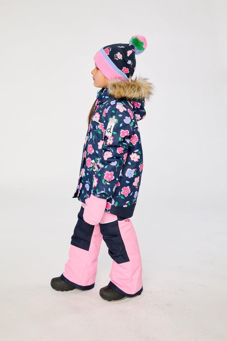 Discover Floral Faux Fur Hood Jacket & Suspender Pants Two Piece Snowsuit, Alternate, color, Blue Floral Print