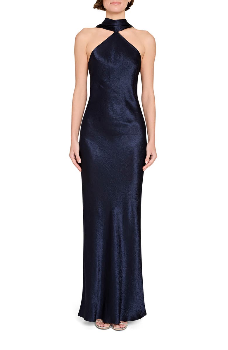 Amanda Uprichard Ashton Drape Satin Gown, Main, color, Navy