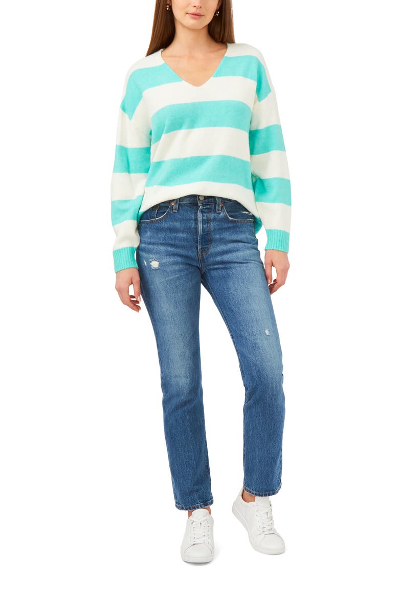Stripe V-Neck Sweater, Alternate, color, BRILLIANT AQUA