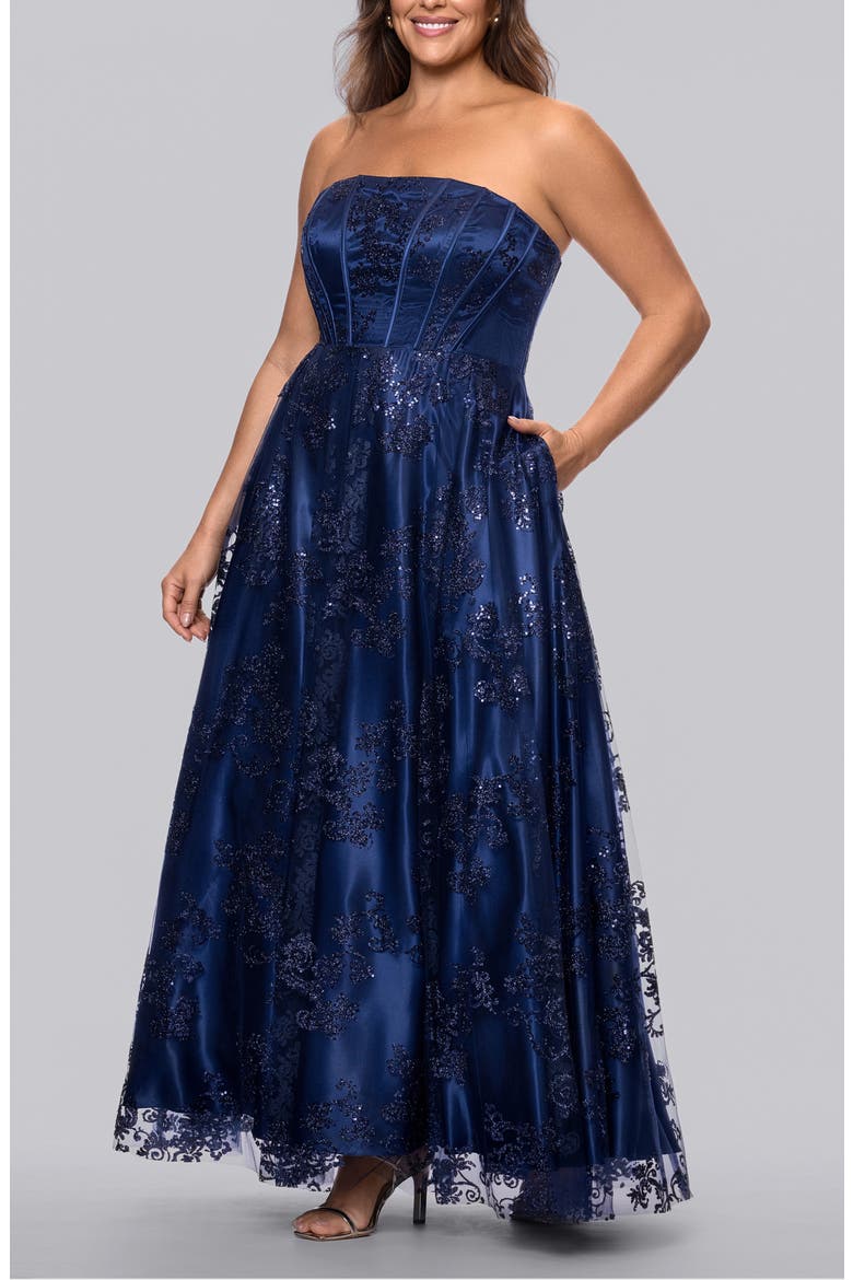 Glitter Mesh Corset Strapless A-Line Gown, Alternate, color, NAVY