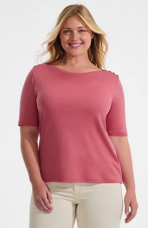 Supima Cotton Elbow Sleeve Boatneck Button Shoulder Tee