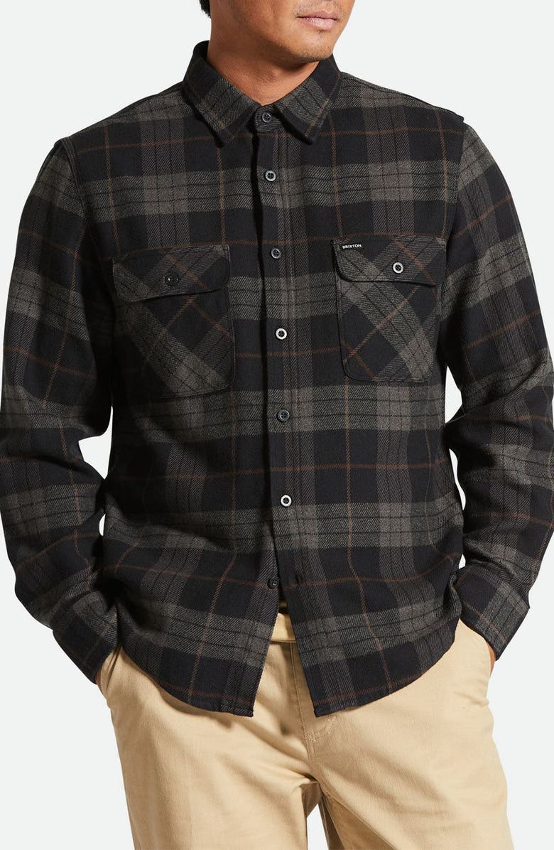 Brixton Bowery Slim Fit Plaid Flannel Button-Up Shirt, Main, color, Black/ Charcoal