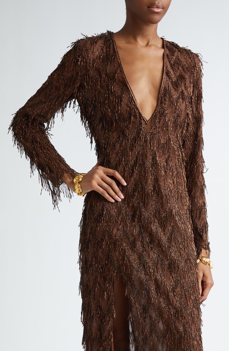 TOM FORD Long Sleeve Metallic Chevron Fringe Gown, Alternate, color, 