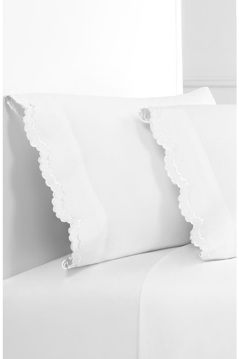Set of 2 Double Scallop Embroidered 300 Thread Count Cotton Pillowcases, Alternate, color, WHITE