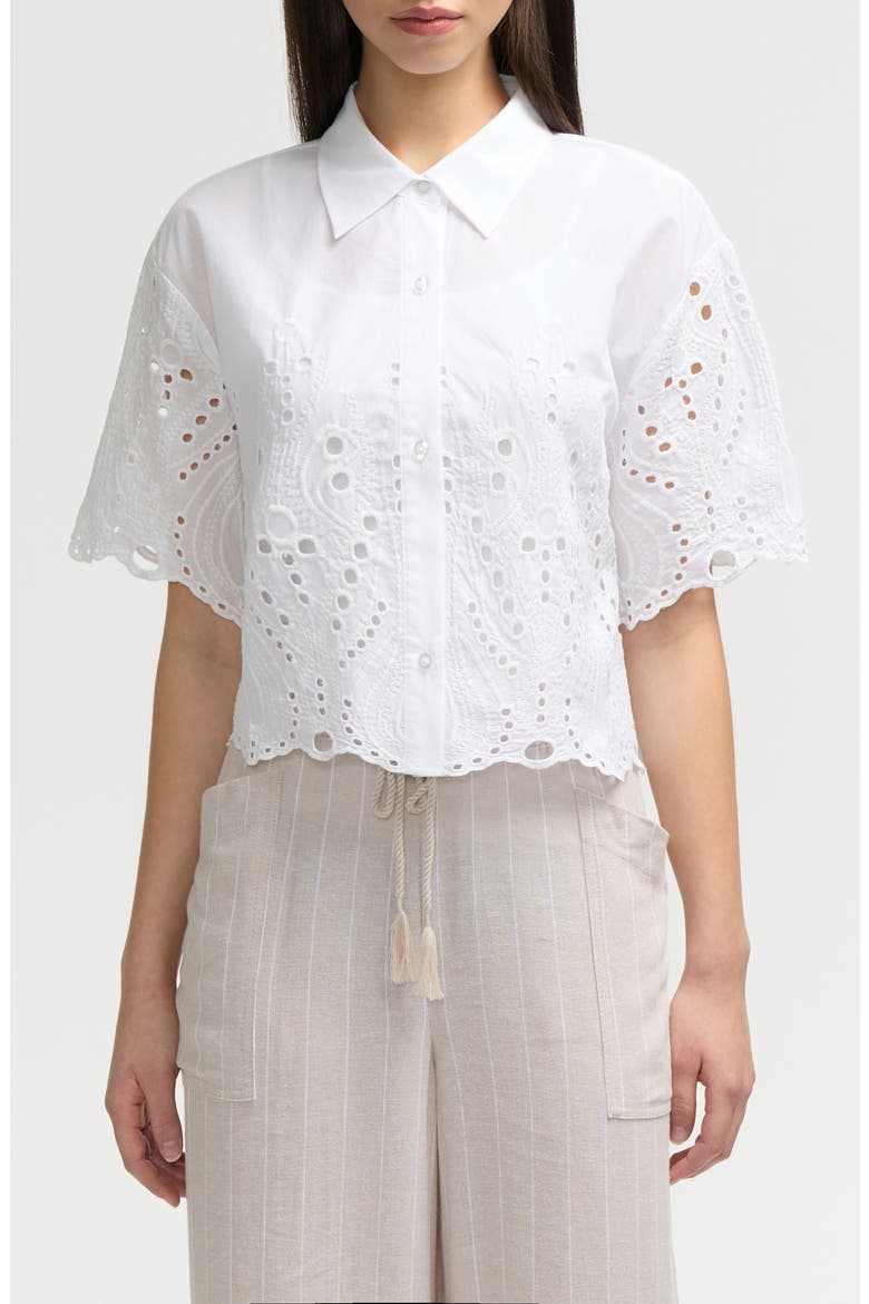 Embroidered Eyelet Cotton Short Sleeve Button-Up Shirt, Main, color, WHITE