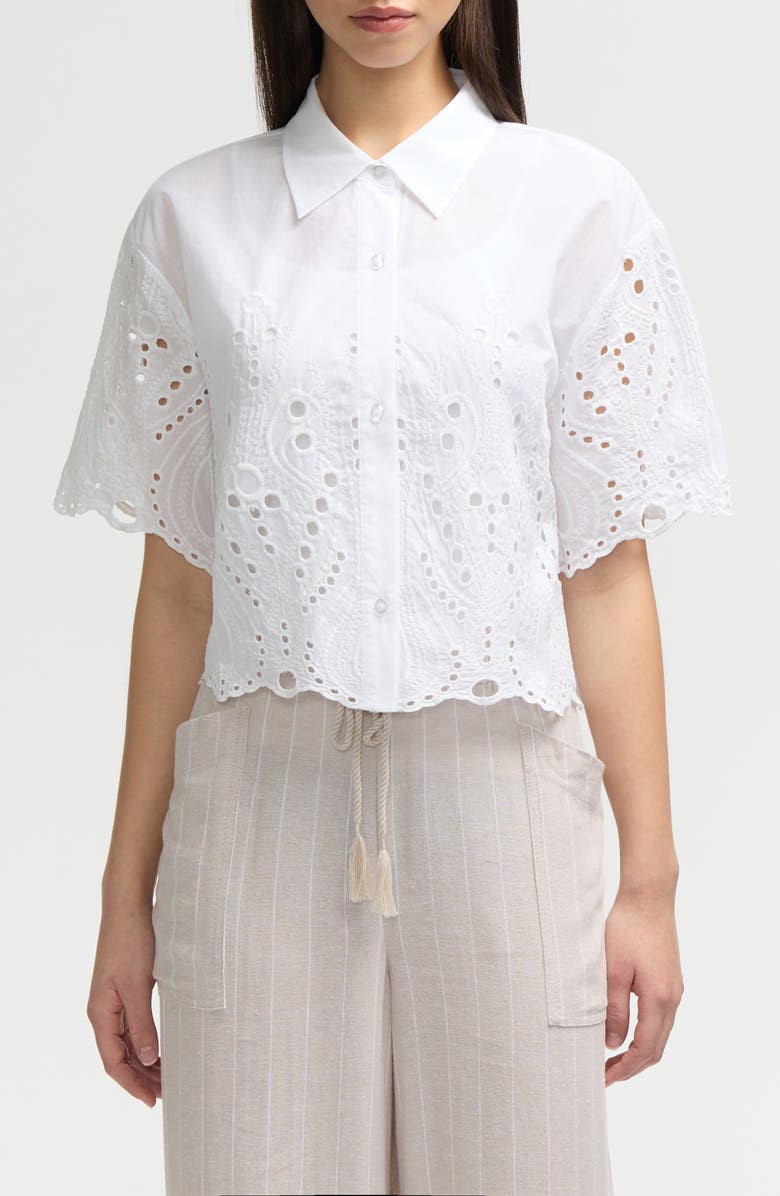 NVLT Embroidered Eyelet Cotton Short Sleeve Button-Up Shirt, Main, color,