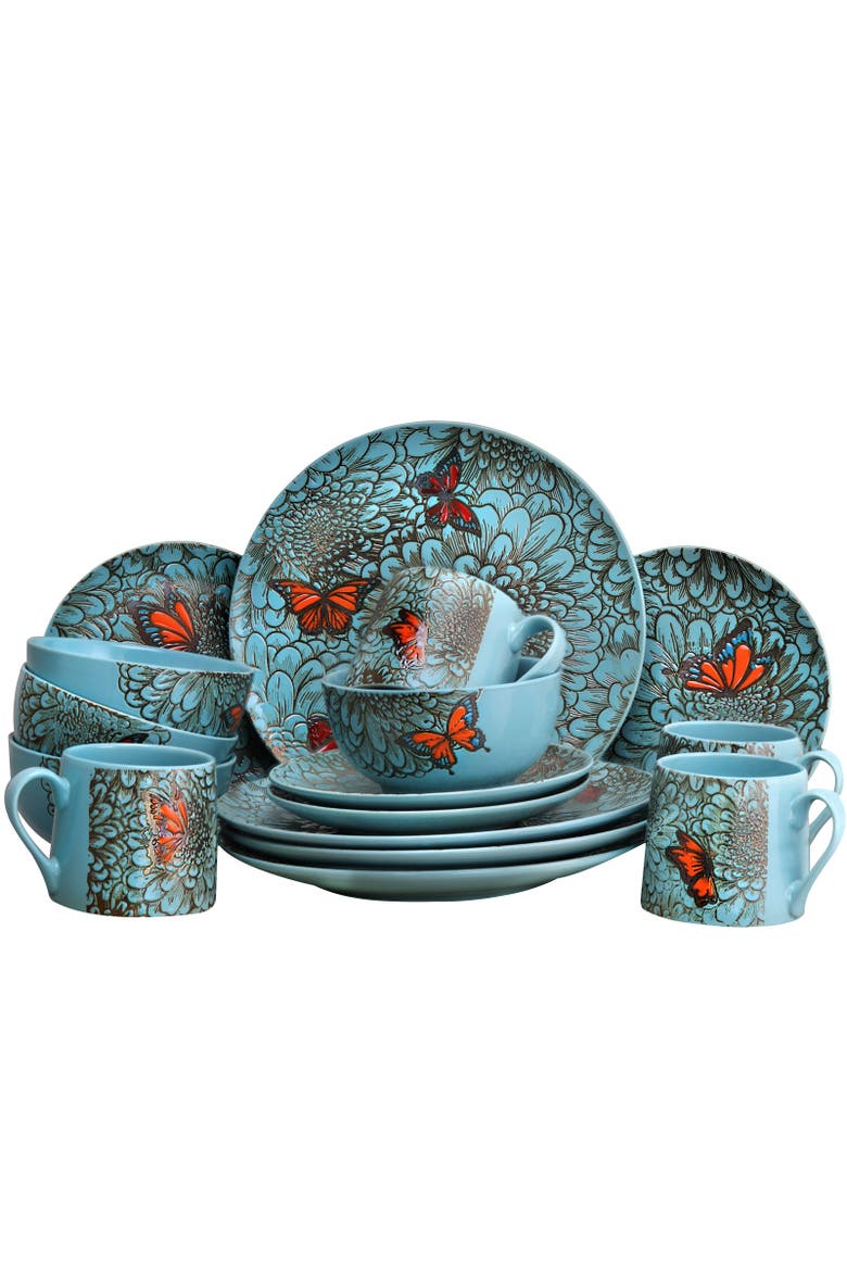 Butterfly Garden 16 Piece Stoneware Dinnerware Set, Alternate, color, Blue