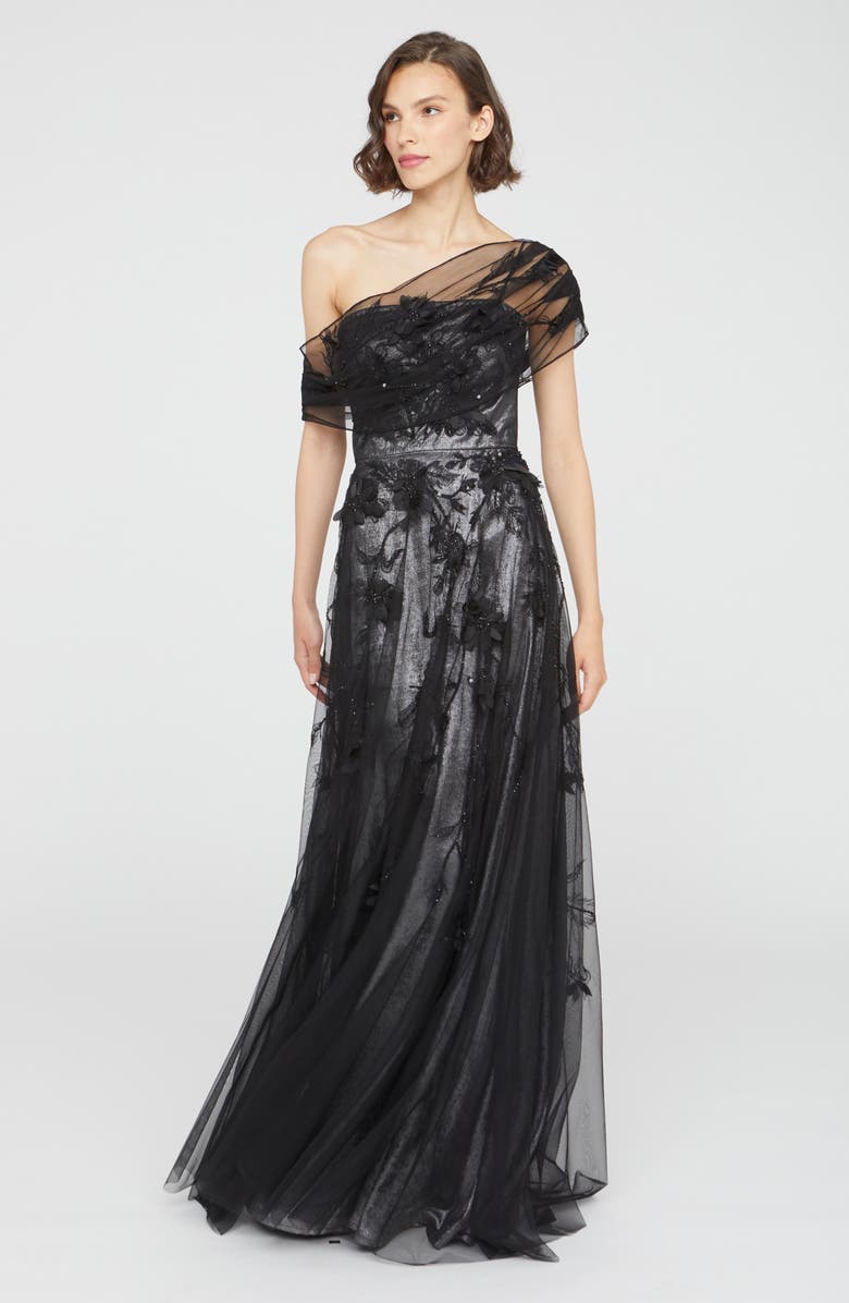 Theia Lenora Metallic Floral Appliqué One-Shoulder Gown, Alternate, color,