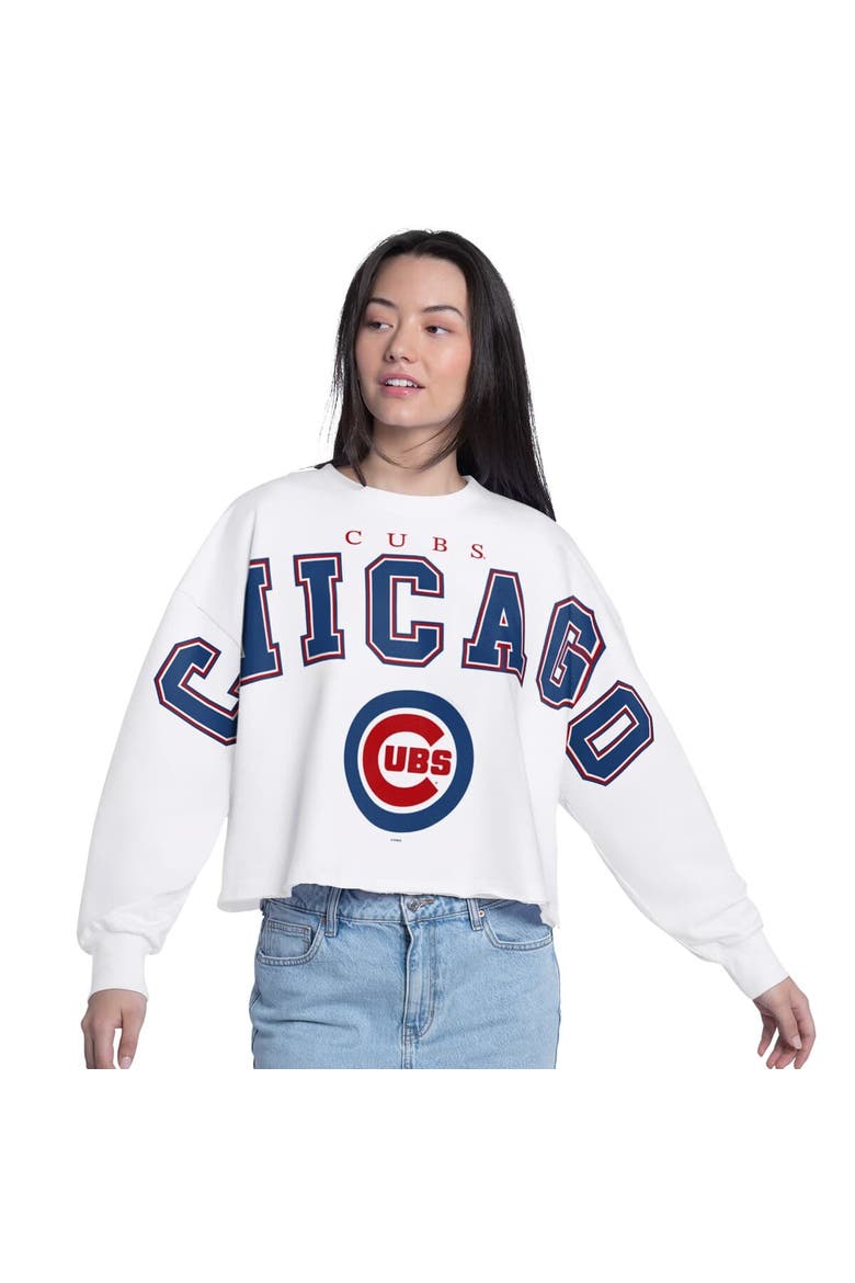 Women's G-III 4Her by Carl Banks White Chicago Cubs Bleachers Cropped Pullover Sweatshirt, Main, color, White
