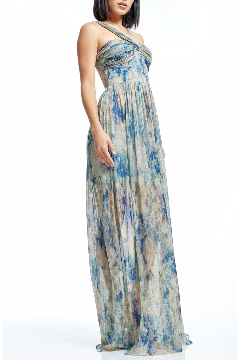 Idalia Metalllic Abstract Floral Print One-Shoulder Gown, Alternate, color, PALE BLUE MULTI