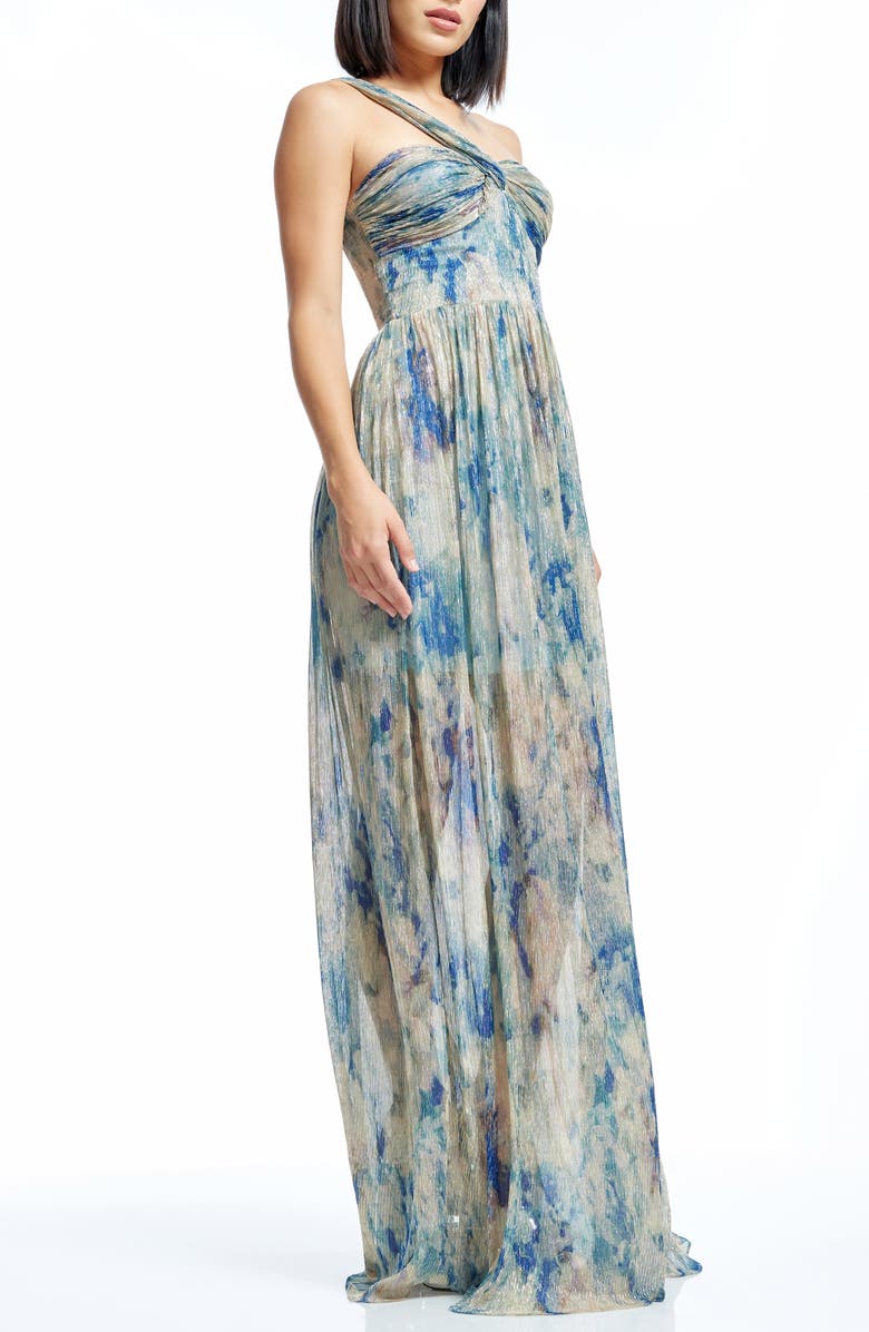 Dress the Population Idalia Metalllic Abstract Floral Print One-Shoulder Gown, Alternate, color, Pale Blue Multi