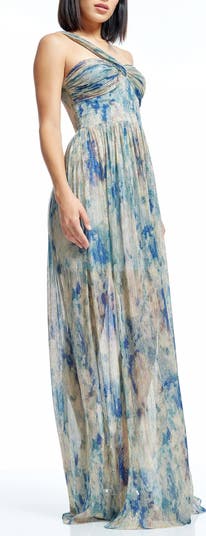Idalia Metalllic Abstract Floral Print One-Shoulder Gown