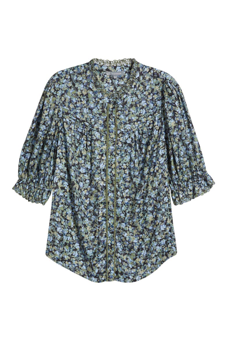 Print Ruffle Eyelet Shirt, Alternate, color, BLACK/ DEEP SEAGRASS MULTI