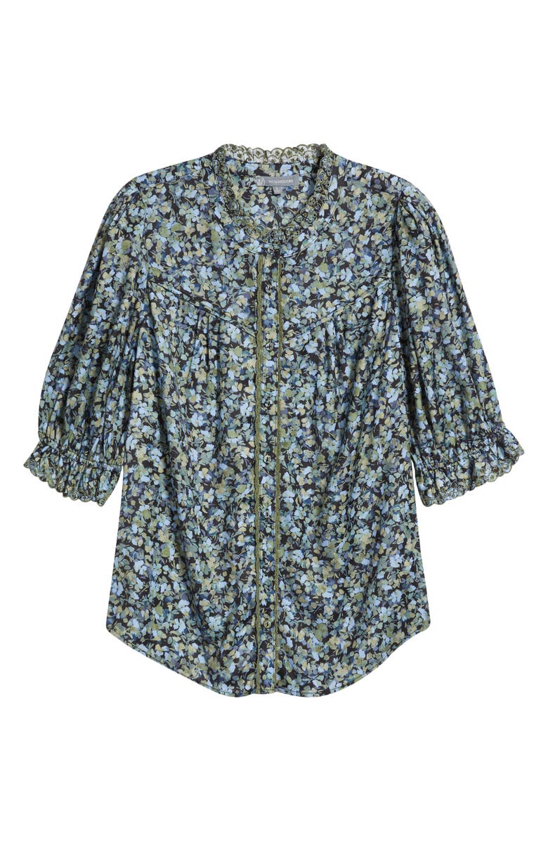 Wit & Wisdom Print Ruffle Eyelet Shirt, Alternate, color, Black/ Deep Seagrass Multi