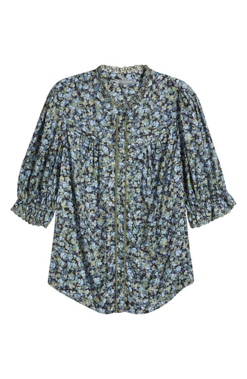 Wit & Wisdom Print Ruffle Eyelet Shirt In Black/deep Seagrass Multi