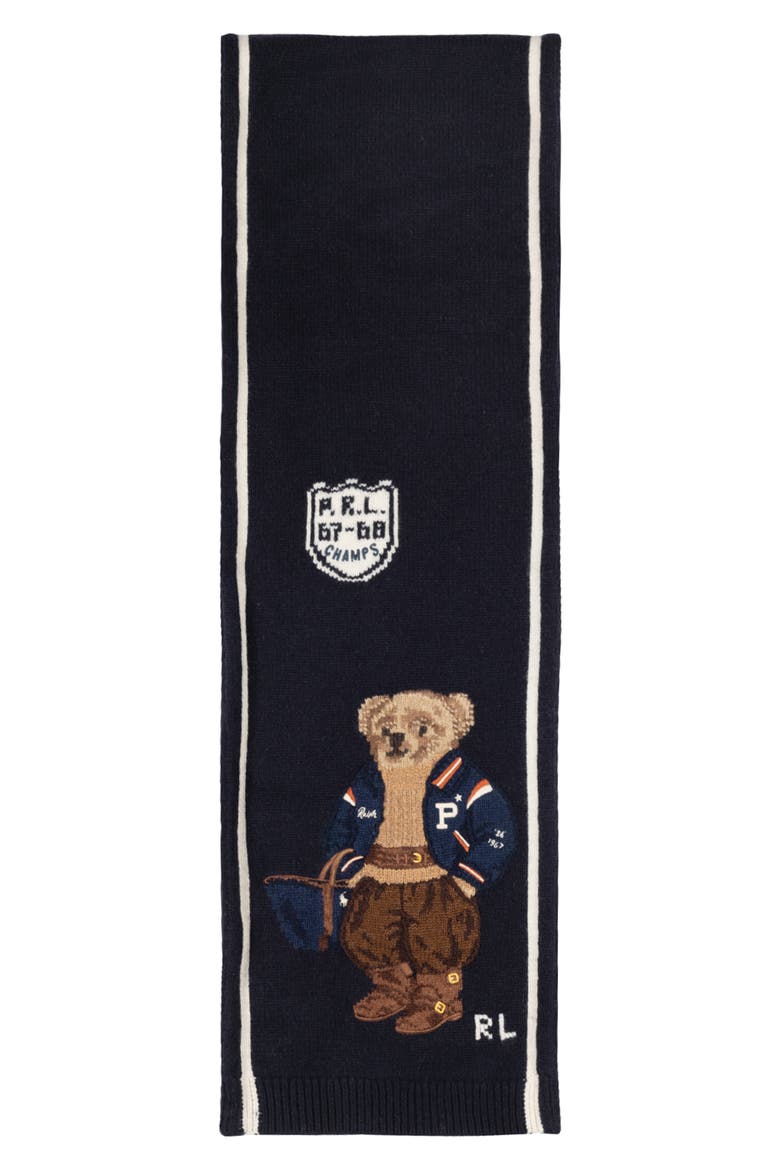 Polo Bear Intarsia Wool & Cashmere Scarf, Alternate, color, NAVY MULTI