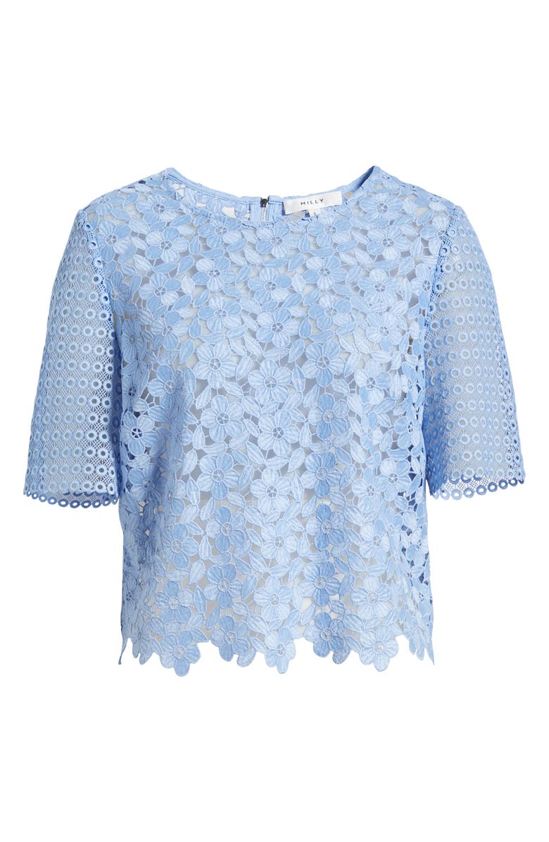 Milly Floral Geo Combo Short Sleeve Lace Top, Alternate, color, Sky Blue