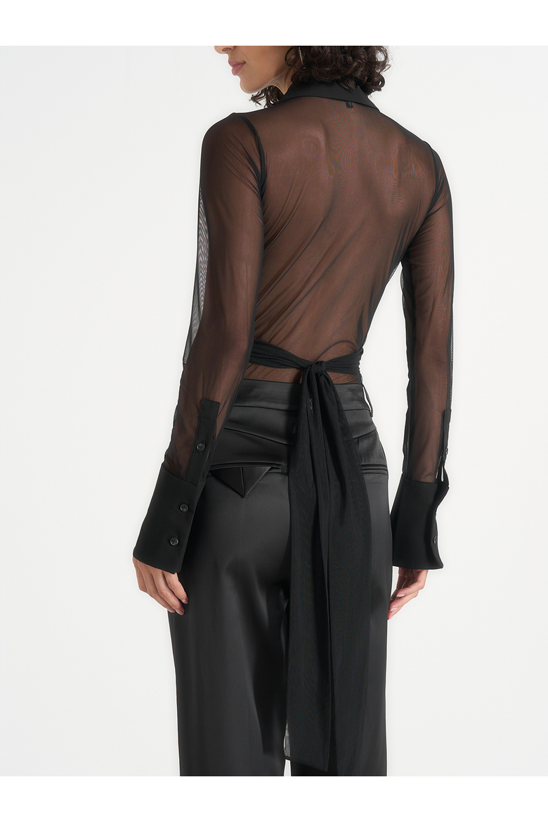 Canelle Sheer Mesh Wrap-Front Shirt Bodysuit, Alternate, color, Black