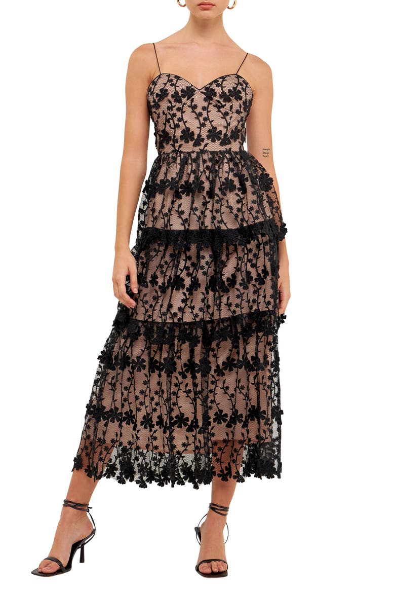 Floral Embroidered Tiered Dress, Main, color, BLACK