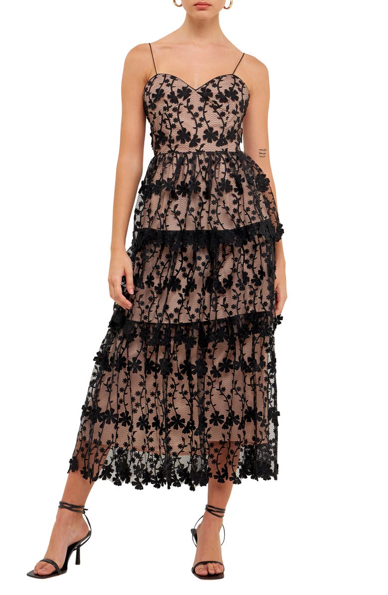 Endless Rose Floral Embroidered Tiered Dress, Main, color, Black