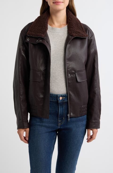 Faux Leather Stand Collar Bomber Jacket