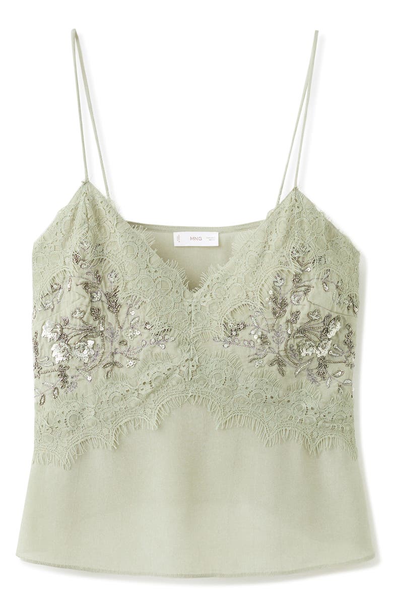 MANGO Guru Micro Beaded Embroidered Eyelash Lace Camisole, Main, color, Green