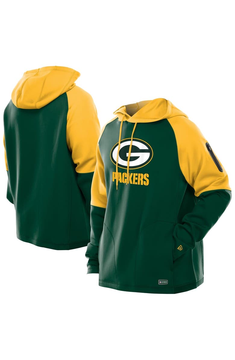 New Era Men
s New Era Green Green Bay Packers Combine Authentic Color Block Raglan Pullover Hoodie, Main, color, Green