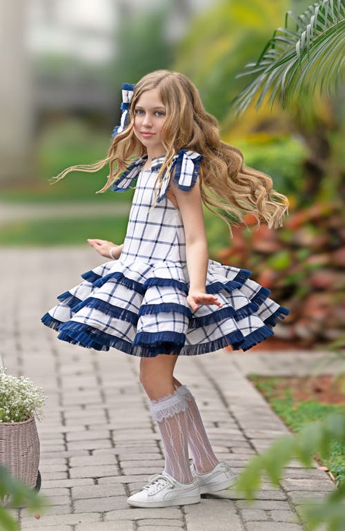 Petite Maison Kids Checkered Linen Tulle Dress In Navy Checkered