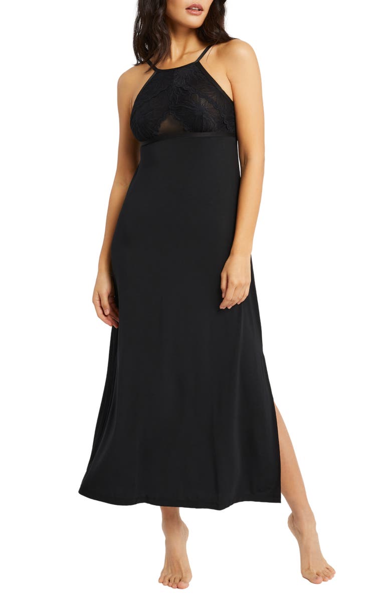 Fleur't Parisian Nights Lace Trim Nightgown, Main, color, Black
