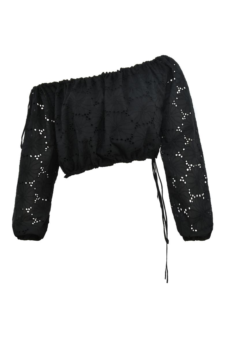 Off the Shoulder Cotton Eyelet Crop Top, Alternate, color, BLACK