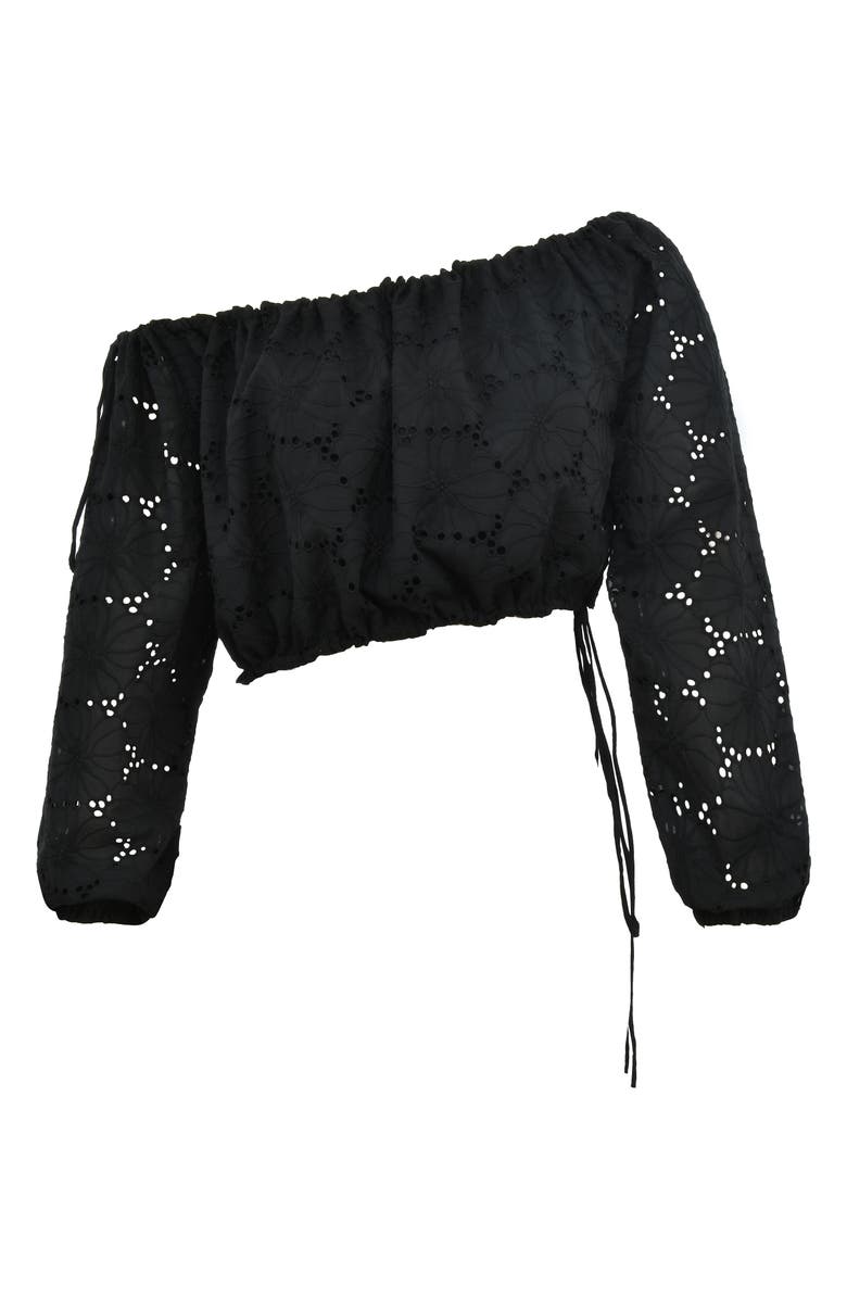 Mistress Rocks Off the Shoulder Cotton Eyelet Crop Top, Alternate, color, Black