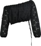 Mistress Rocks Off the Shoulder Cotton Eyelet Crop Top