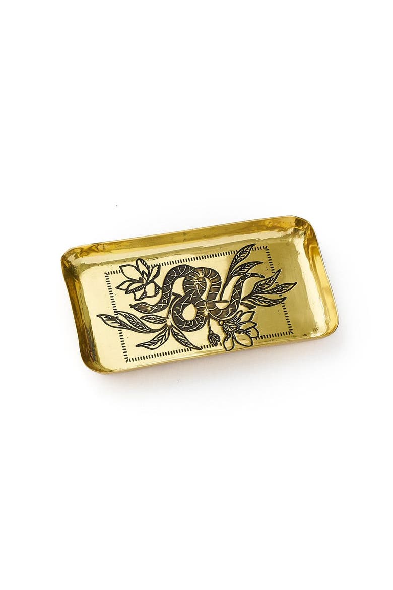 Saanp Snake Rectangular Catch-all Tray - Etched Brass, Main, color, Bronze