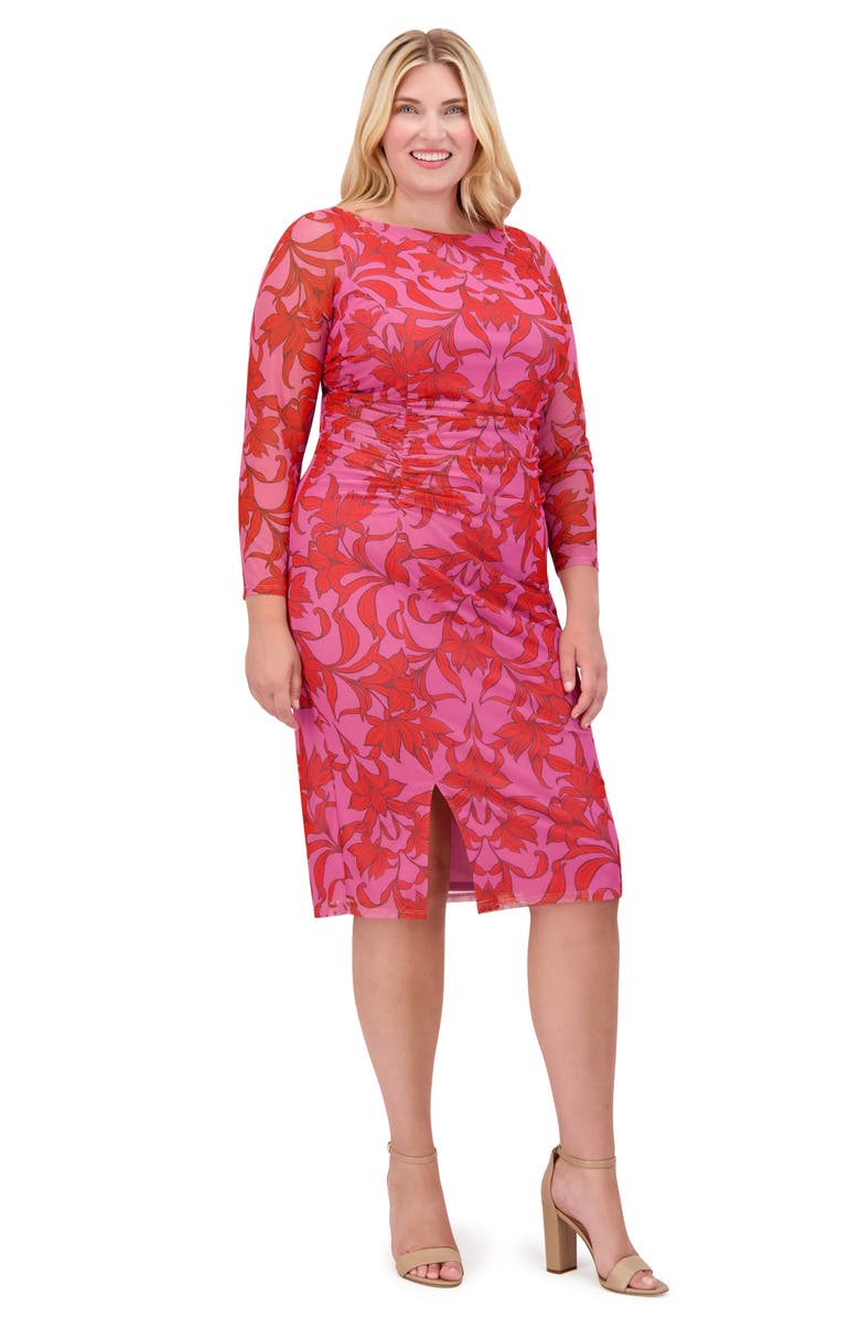 Vince Camuto Floral Mesh Ruched Body-Con Dress, Alternate, color, Pink Multi