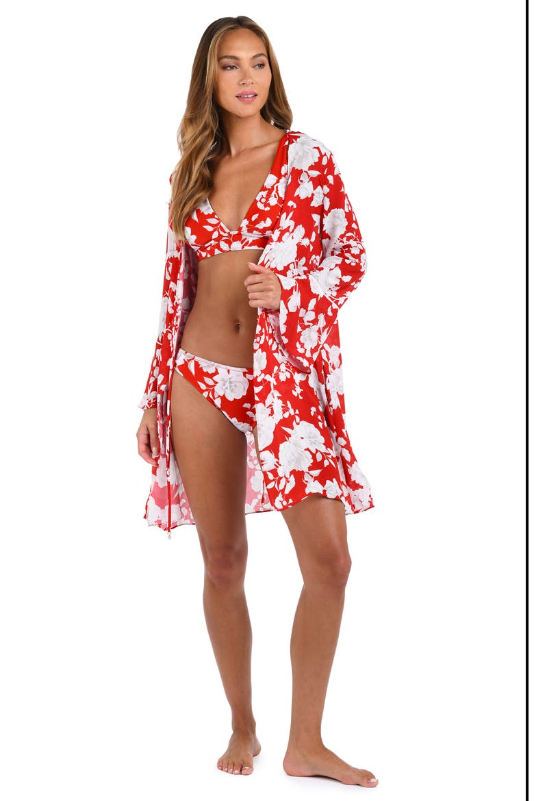 Meghan Ikebana Tie Front Long Sleeve Cover-Up, Alternate, color, ROUGE