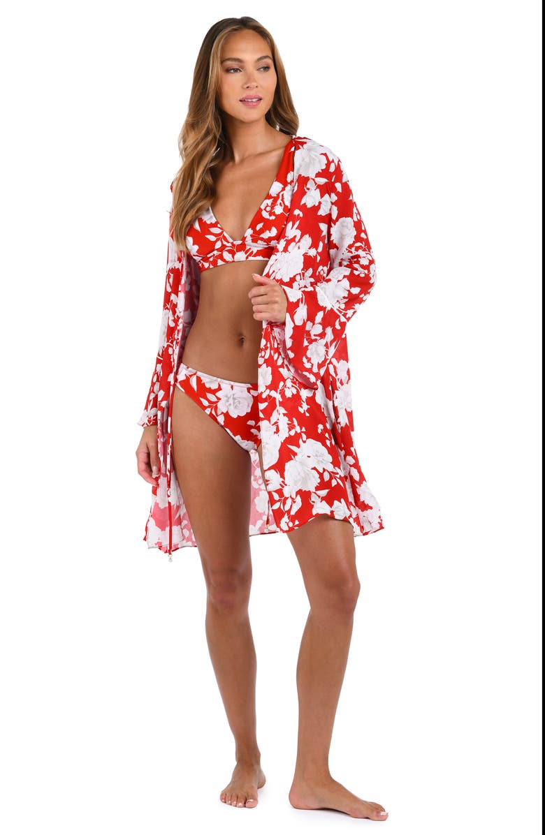 L'AGENCE Meghan Ikebana Tie Front Long Sleeve Cover-Up, Alternate, color, Rouge