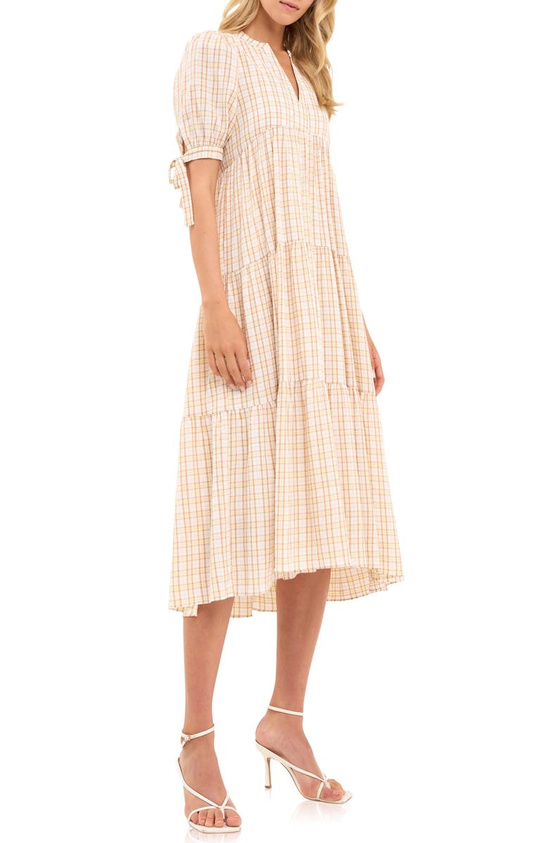 English Factory Plaid Tiered Midi Dress, Alternate, color, Ivory Multi