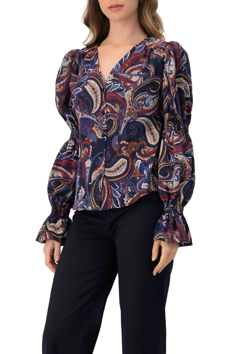 IVONNE V-Neck Printed Shirt With Smocked Sleeves, Alternate, color, Multi-Brown